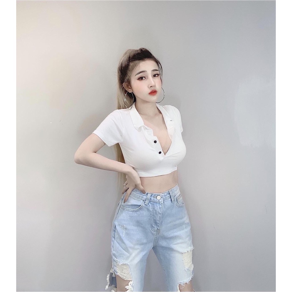 Áo thun lụa croptop cổ bẻ fom nhỏ dưới 48kg MAGB070520