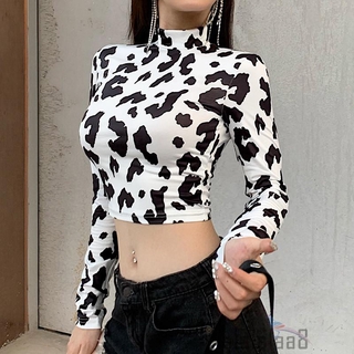 Áo Crop Top Tay Dài In Hình Bò Sữa Laa8