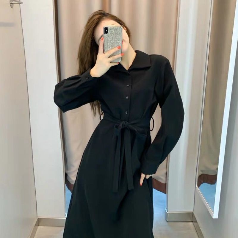 Đầm sơ mi Perty màu đen dáng ôm phong cách Hàn Quốc thời trang mùa thu cho nữ