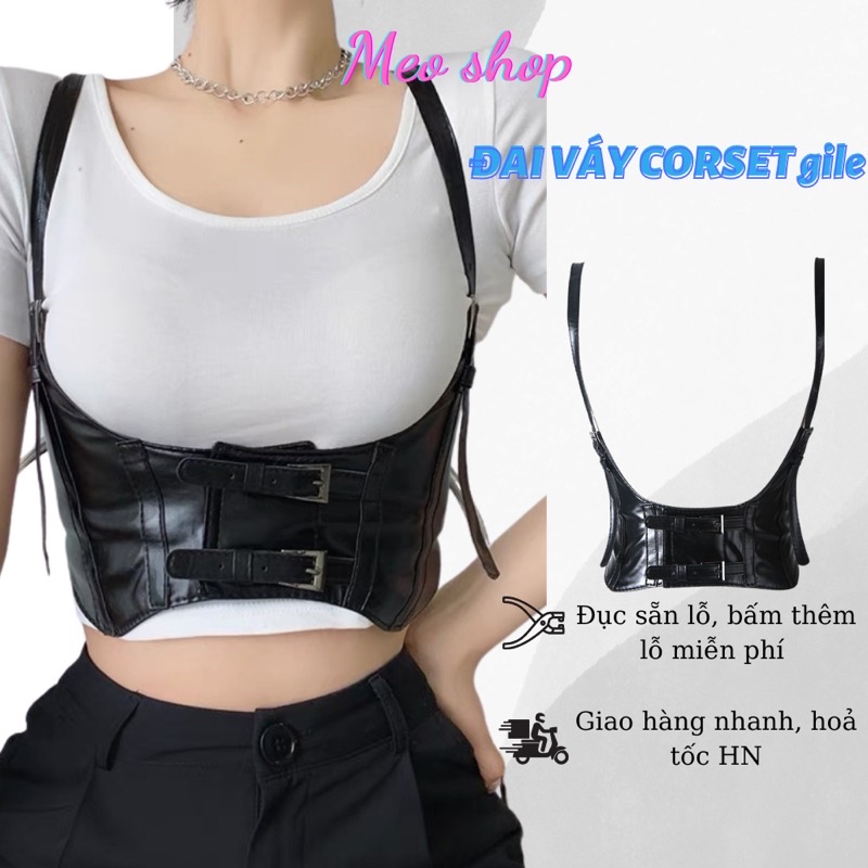 Đai váy corset có quai đeo gile ĐV035- Thắt lưng nịt eo bằng da đen phong cách steampunk cá tính Đai nịt áo váy cosplay