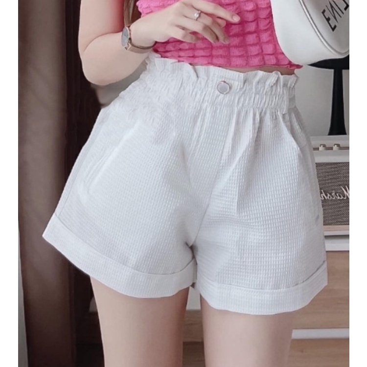 Quần short nữ OKIMAC cạp chun lưng cao ống rộng cúc ngọc nhiều màu phong cách ullzang