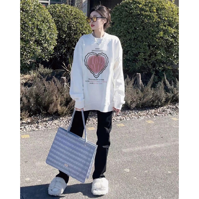 SELVZE Áo len chất cotton dáng rộng in họa tiết đường phố retro Mỹ chất lượng cao cho nữ