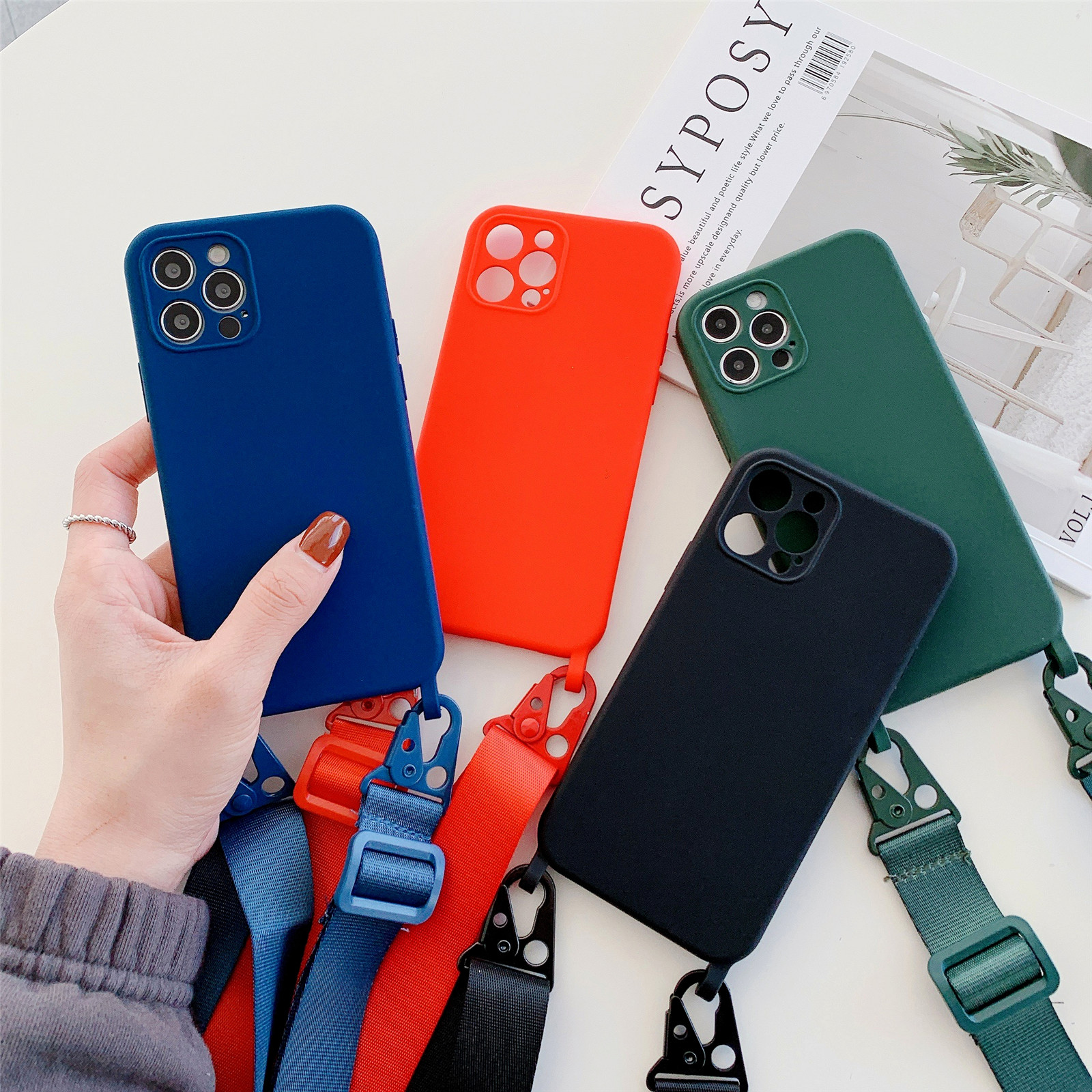 iPhone 12 Mini 11 Pro Max Plus 8 7 Plus + X Xr Xs Max Soft Silicon Case Fine hole Candy Color Phone Case Cover with Long Strap