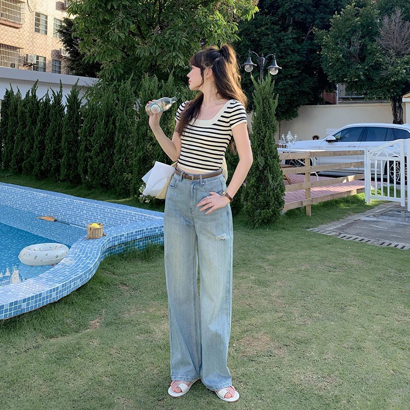 Áo thun dệt kim IELGY ngắn tay kẻ sọc thời trang cho nữ