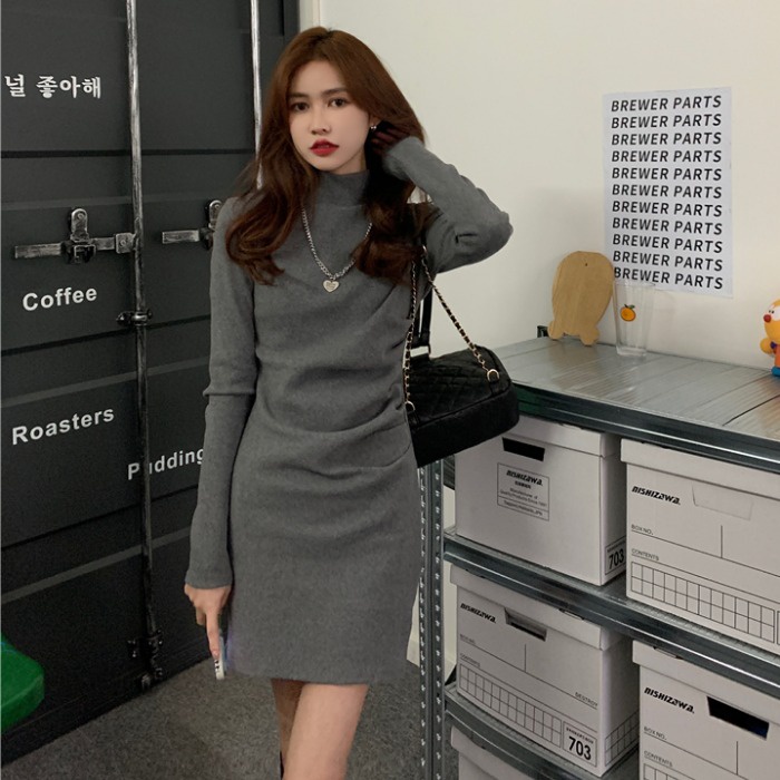 Váy ôm body cổ 3 phân nhún eo, hai màu sắc, một kích thước phong cách nữ sinh trẻ trung Hàn Quốc