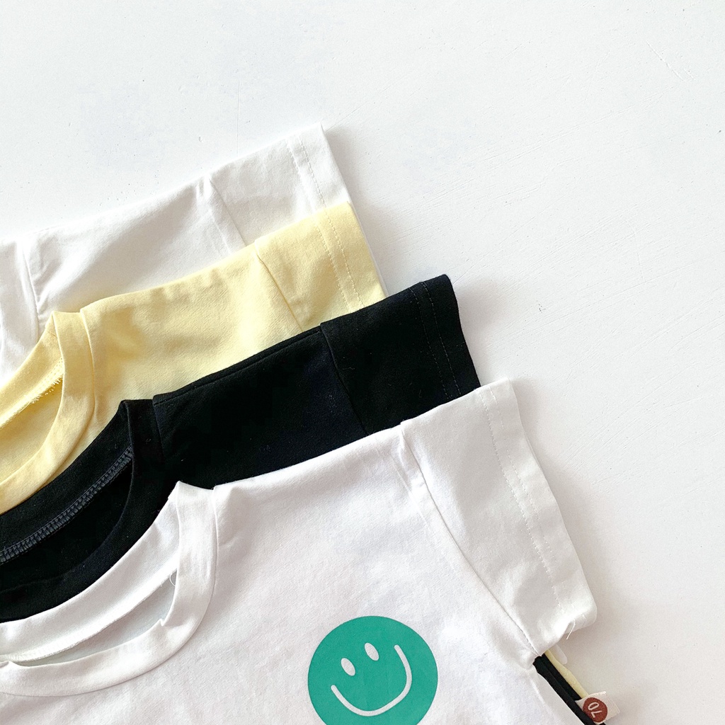 Set Áo Thun Cotton Tay Ngắn In Hình Mặt Cười + Quần Short Họa Tiết Kẻ Sọc Thời Trang Mùa Hè Cho Bé