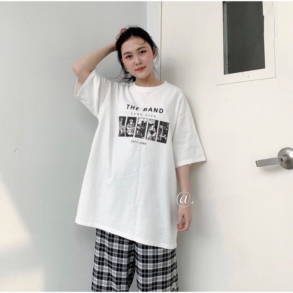 Set Bộ The Band + Quần Kẻ Caro Dáng Cullotes Baggy - Áo Phông Trắng in chữ mix Quần dài caro