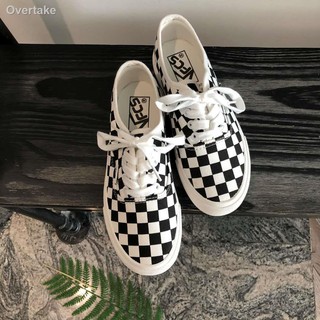 Giày Canvas Họa Tiết Sọc Caro Trắng Đen Phong Cách Retro Hàn Quốc Cho Nữ