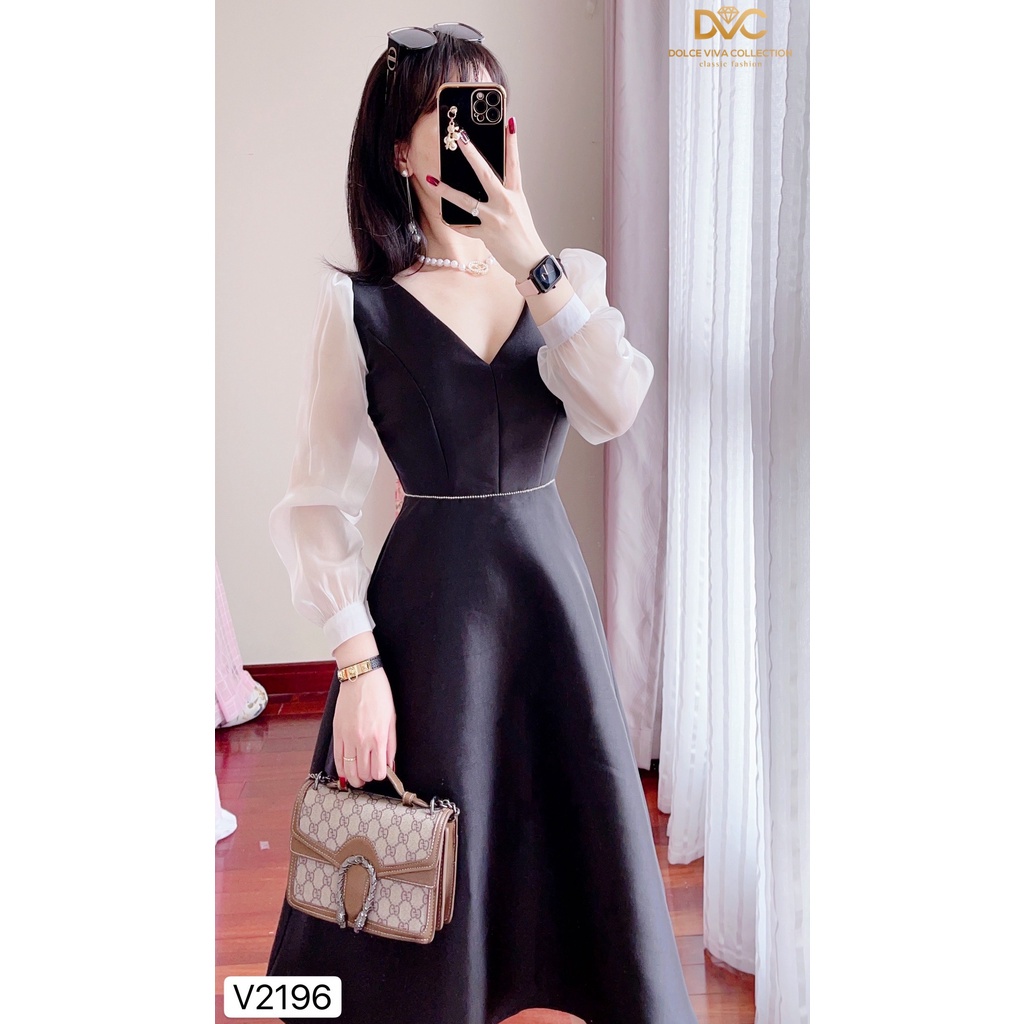 Váy đen xòe tafta nơ vai tay dài V2196 -Đầm thương hiệu DOLCE VIVA COLLECTION