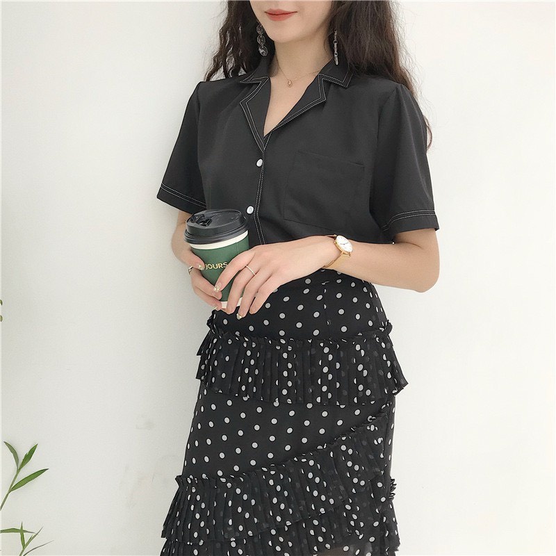 Áo sơ mi nữ tay ngắn cổ vest viền chỉ nổi, áo sơ mi công sở