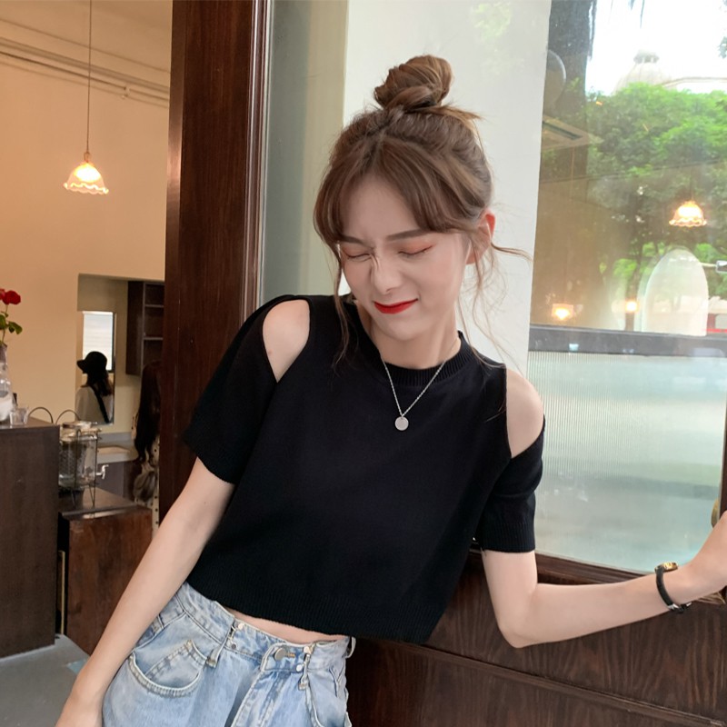 Áo Croptop Dệt Kim Tay Ngắn Cổ Tròn Hở Vai Cá Tính Cho Nữ