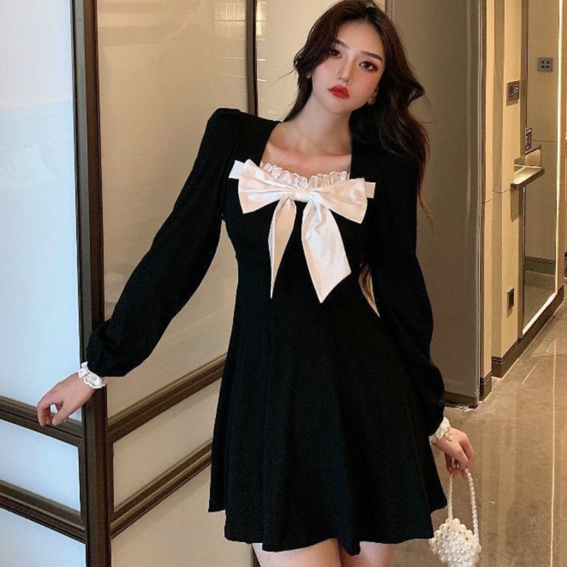 Đầm tay dài lưng cao phối ren hoa phong cách Vintage cho nữ