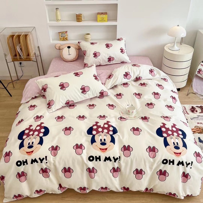 Bộ chăn ga gối cotton disney màu Chuột Mickey bé gái