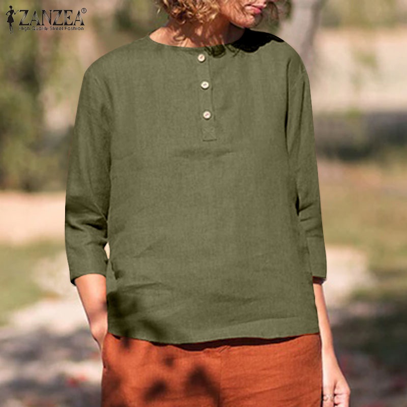 ZANZEA Áo Sơ Mi Nữ Tay 3 / 4 Vải Cotton Màu Trơn Thời Trang