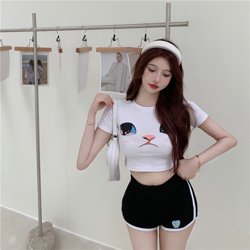 WANG JIAO ZHAN Áo croptop thun ngắn tay in hình thời trang nữ