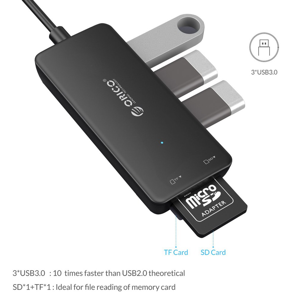Bộ Chia HUB USB 2.0 Orico H3TS-U2 3 Cổng (Tích Hợp Đầu Đọc Thẻ Nhớ TF/SD) - Hàng Chính Hãng