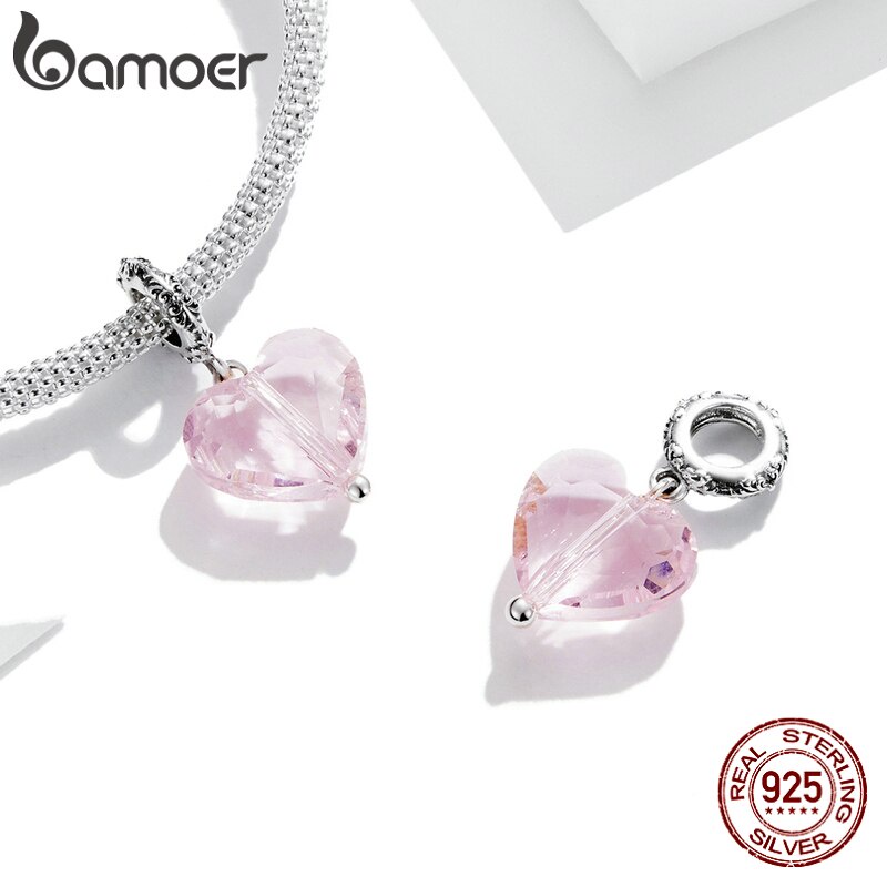 Mặt dây chuyền/vòng tay bamoer SCC1816 bằng bạc 925 hình trái tim đá hồng và xanh lam thời trang DIY