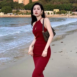 Vintage Sling Dress Sexy Haltered Red Dress Slim Dress Hip Dress Long Skirt