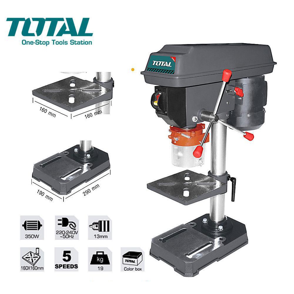 Máy khoan bàn 350W TOTAL TDP133501 Tốc độ không tải: 620-2620 / phút (50Hz) / 740-3100 / phút (60Hz)