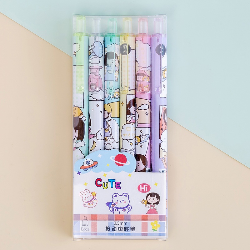 Hộp 6 Bút Bi Bấm Mực Đen Nhiều Hình Cute