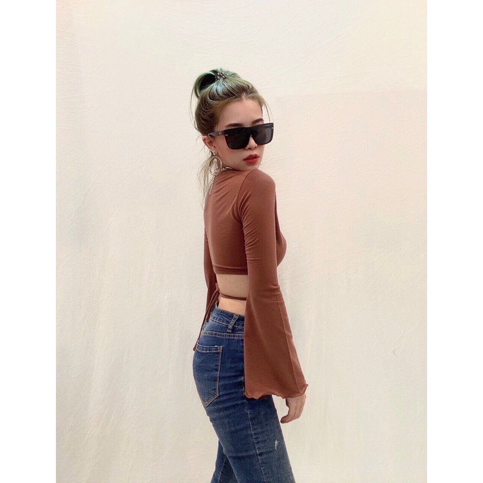 Áo Croptop Tay Dài Xẻ Ngực Cột Chéo Eo - 3459