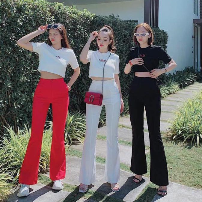 Bộ Quần Áo Thun Nữ Áo Crop Top In Chữ CRAZY Kết Hợp Quần Ống Loe Cá Tính WM SET HQ01V2