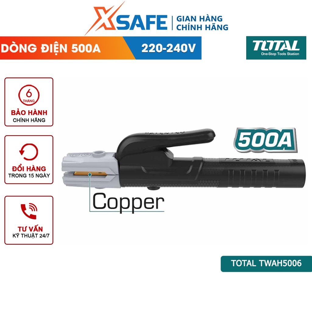 Kềm hàn 500A TOTAL TWAH5006 kiểu dáng mới, dòng điện định mức 500A, phù hợp sử dụng cho máy hàn MMA của Total