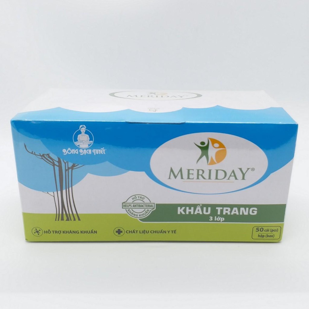 KHẪU TRANG MERIDAY XANH BẠCH TUYẾT (3 LỚP, HỘP 50 CÁI)