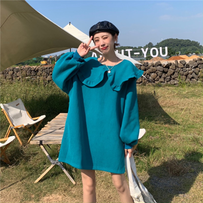 Mùa Thu Đông Mới Hàn Quốc Ins Lotus Leaf Plus Nhung Rời Áo Len Đầm Nữ