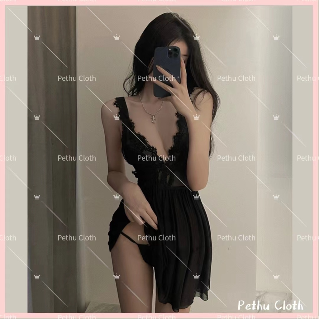 （Q1,HCM) Sexy Đầm/váy ngủFreeship2 dây ren nữ xuyên thấu, gợi cảm nơ ngực quyến rũ kèm quần chip lọt khe 40-65kg--001
