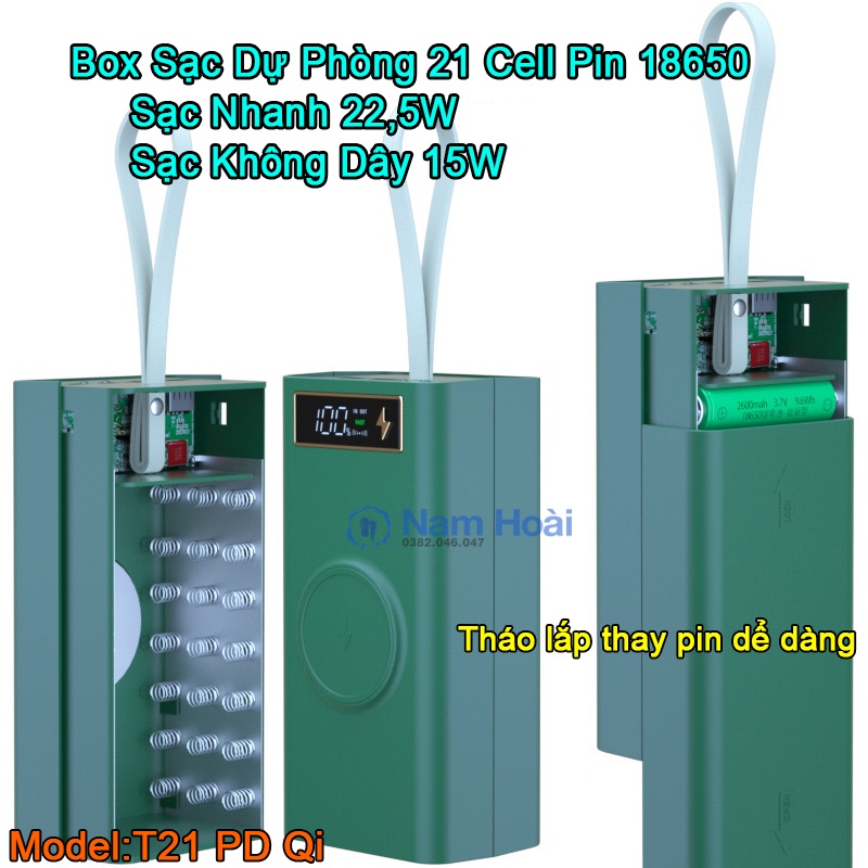 Box sạc dự phòng 21 cell pin 18650 T21 Sạc nhanh 22.5W và Sạc nhanh không dây 15W