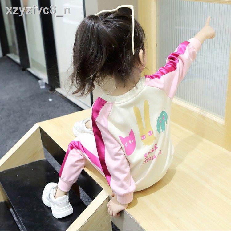 ( Sẵn)∈♈Bộ đồ mùa thu cho bé gái 2021 mới trinh nữ áo len thể thao trẻ em hai mảnh phong cách phương Tây lưới quần màu đ
