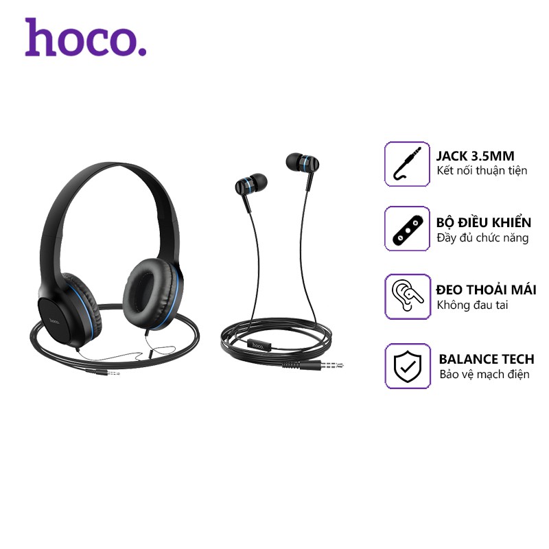 Headphone dây Hoco W24 Jack 3.5mm, dài 1.2m, tương thích nhiều thiết bị