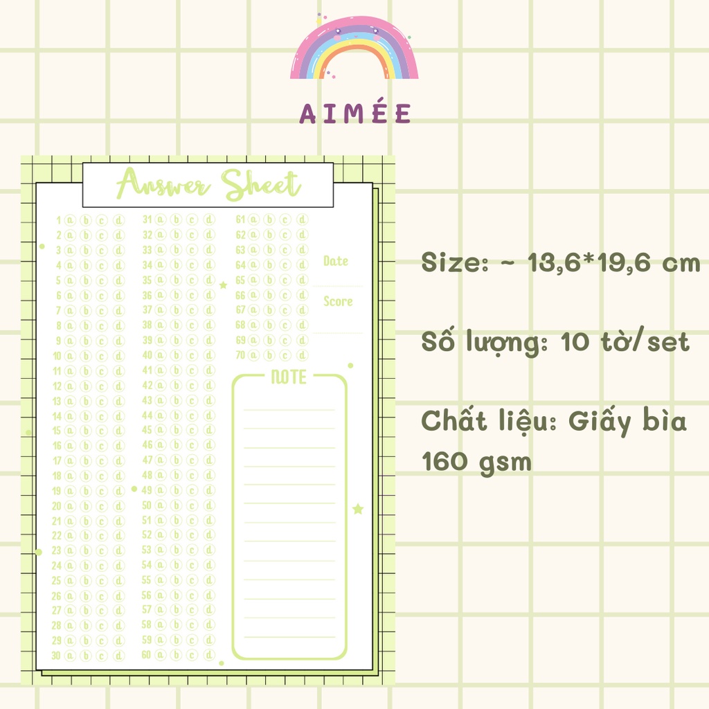 Set 10 Phiếu Điền Trắc Nghiệm Basic color Loại 70 câu - Answer sheet A5 | Aimée