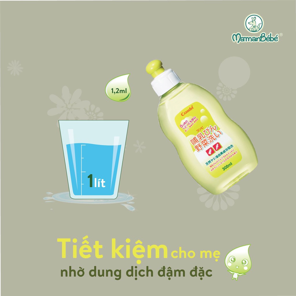 Chai nước dung dịch rửa bình sữa và rau quả chiết xuất từ dầu cọ combi dung tích 300ml