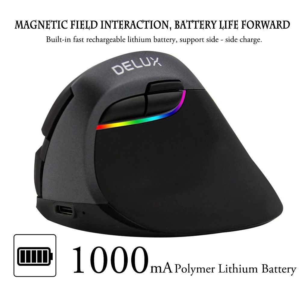 Delux M618 Mini có thể sạc lại Bluetooth 4.0  2.4 GHz Chế độ kép Chuột không dây Công thái học Im lặng Nhấp chuột dọc cho máy tính