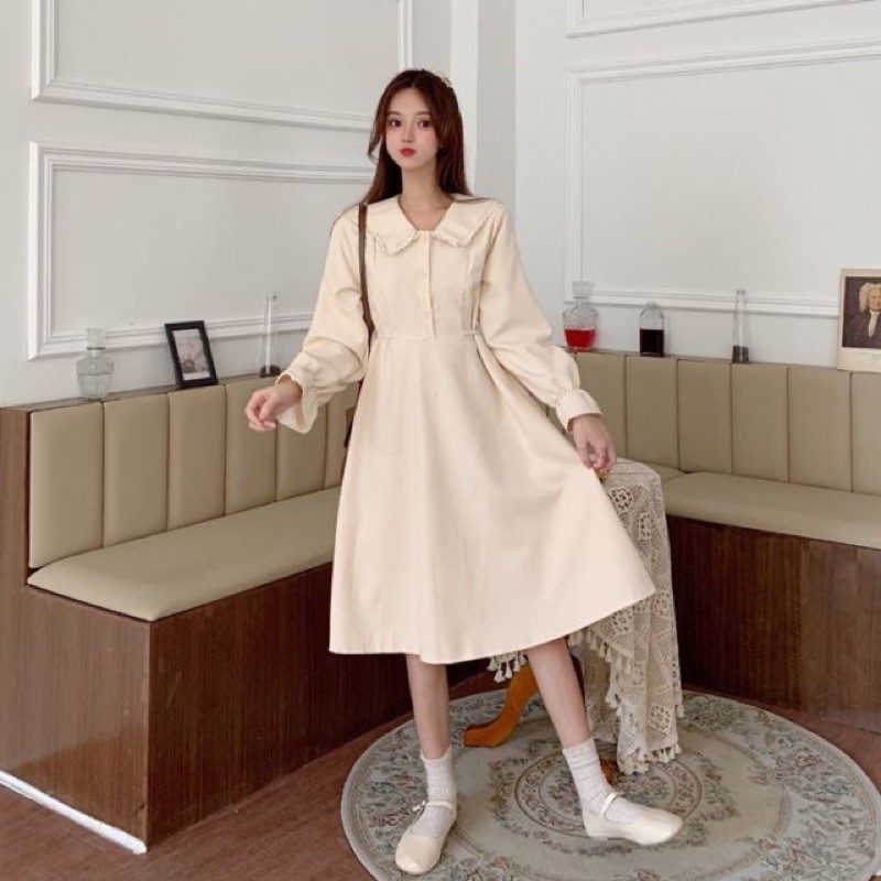 ( CÓ VIDEO - Sẵn ) Váy Tiểu Thư Vintage Dài Tay Phối Ren/Váy Ullzang.