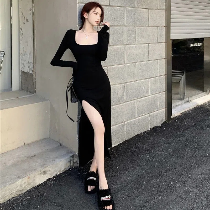 2022 Phụ Nữ Mùa Thu Phong Cách Mới Đầm Midi Cổ Vuông Thời Trang Váy Xẻ Tà Sexy
