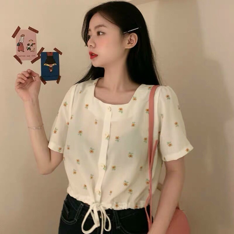 áo bông phối nút cổ vuông ngắn tay