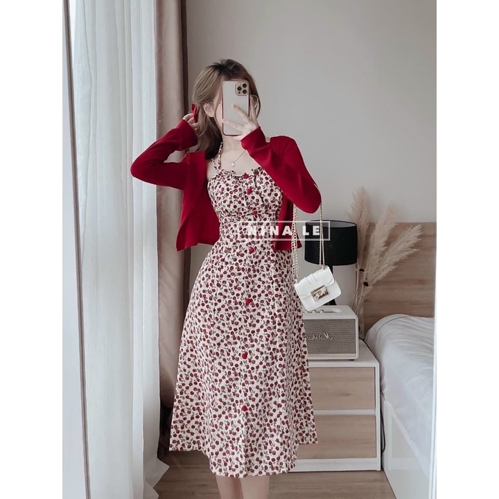 Đầm váy nữ 2 dây phối nút chất voan hoa kiểu tiểu thư kèm áo khoác ngoài tay dài xịn xò, sang chảnh cho nàng đi chơi