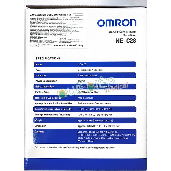 OMRON NE-C28 - Máy xông khí dung OMRON NE C28, tốc độ xông 0,4ml / phút, kích thước hạt nhỏ MMAD 3µm