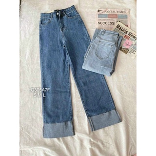 Quần Jeans Nữ Dáng Suông Quần Baggy Bò Cạp Cao Ống Loe Lật Lai Jeans Co Dãn Cao Cấp S M L