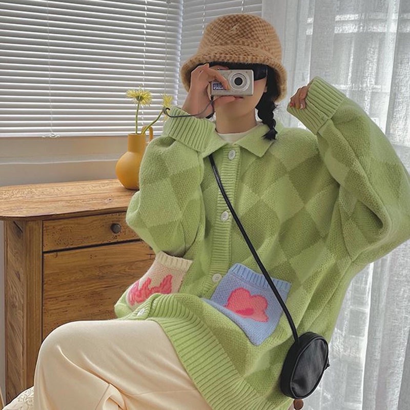Áo khoác cardigan dệt kim dáng rộng kẻ sọc đính đá dễ thương