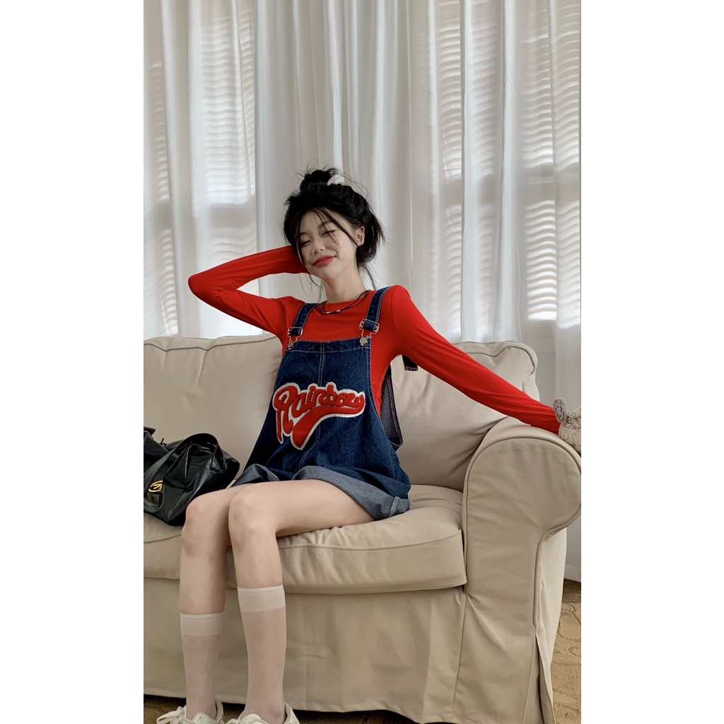 Quần Yếm Jean Ngắn Dáng Suông Rộng Phong Cách Vintage Thời Trang Hàn Quốc Cho Nữ