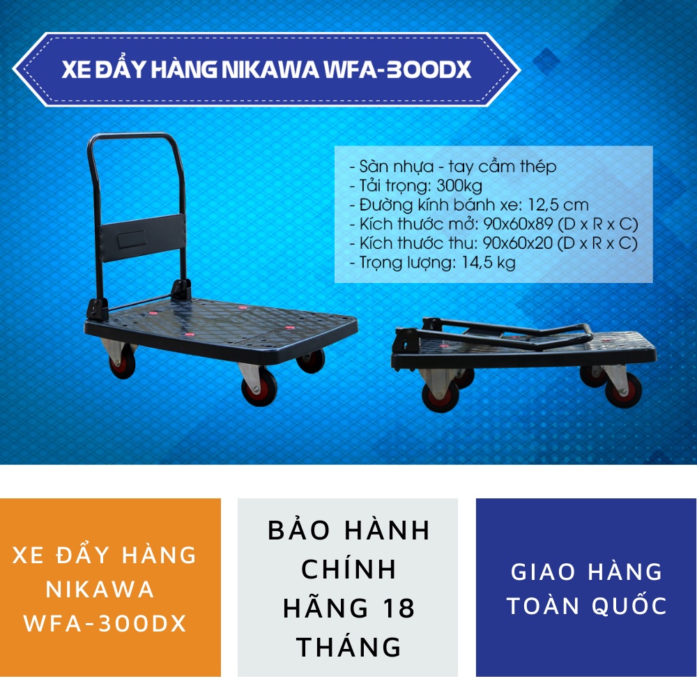 Xe đẩy hàng kéo hàng 4 bánh cao su chống ồn gấp gọn Nikawa WFA-300DX, tải trọng 300kg, giao hỏa tốc Hà Nội