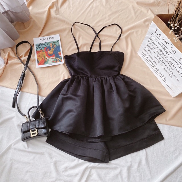 Set áo babydoll đen 2s đan dây lưng + quần short