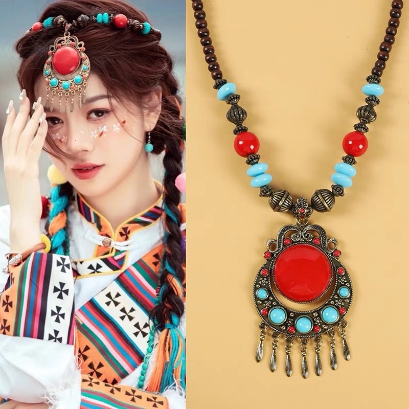 Vòng cổ dây chuyền đeo trán kiểu tây tạng mông cổ có sẵn phong cách bohemian dùng make up chụp ảnh
