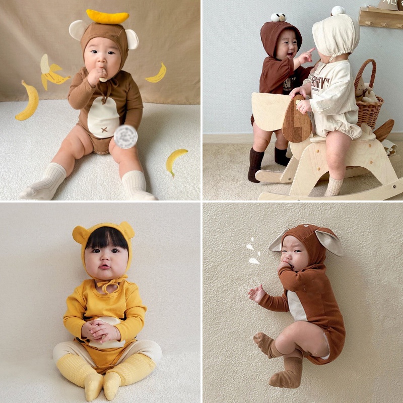 Áo Liền Quần Có Trùm Đầu Chất Liệu Cotton Cho Bé Trai &amp; Gái Sơ Sinh Từ 0-24 Tháng