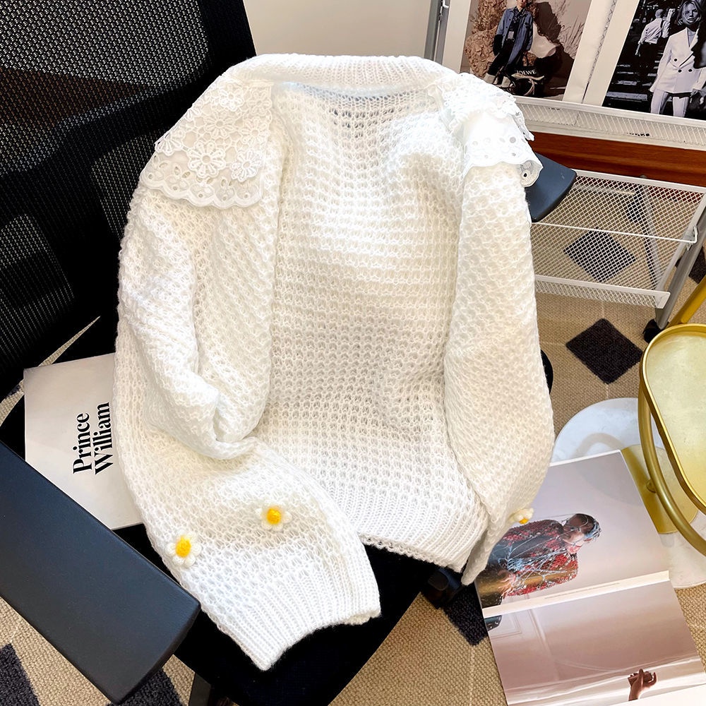 Áo sweater Cổ Búp Bê Phối Ren Rỗng Thiết Kế Thanh Lịch Cho Nữ