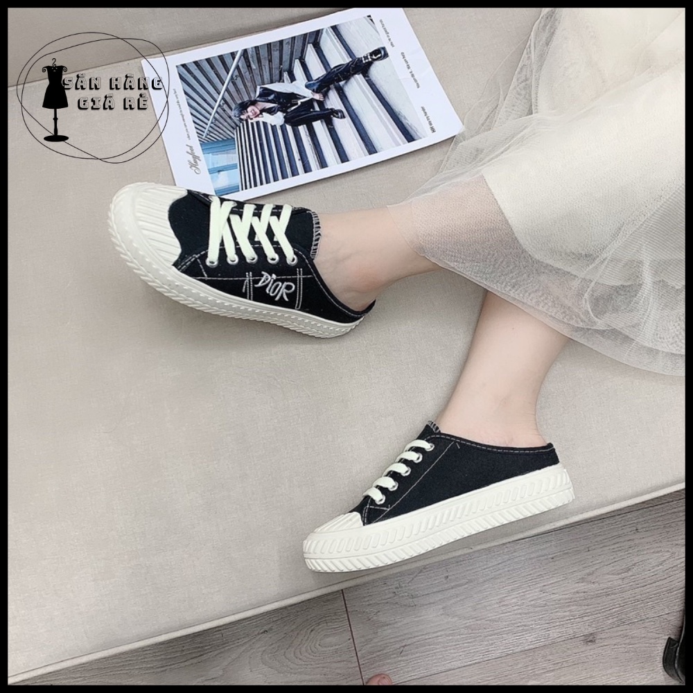 Giày Sục Thể Thao Nữ Thêu chữ, Sục bata đạp gót đế bánh mì 3cm FORM RỘNG
